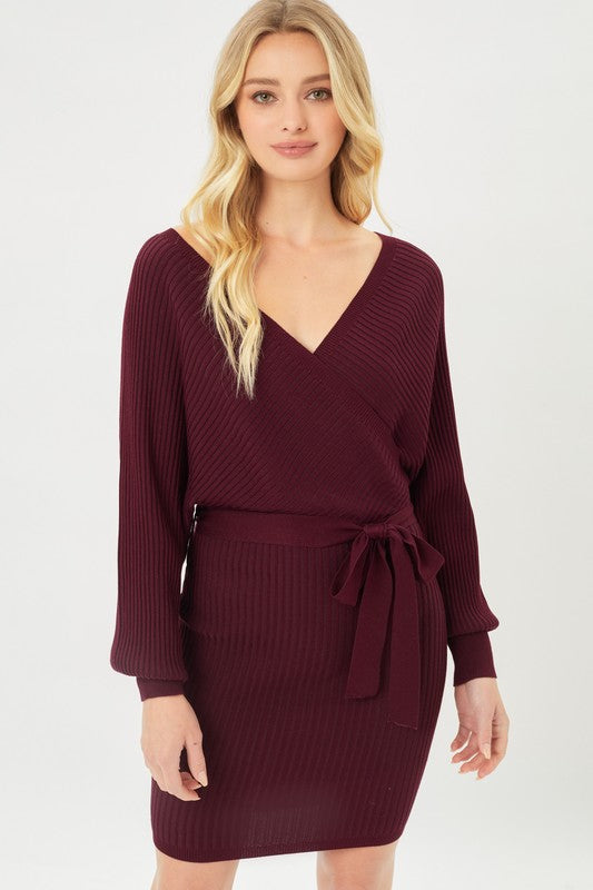 OFF THE SHOULDER WRAP BELTED RIBBED KNIT DRESS