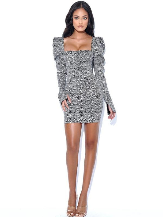 MISS CIRCLE PETRA HERRINGBONE PUFF LONG SLEEVE MINI DRESS