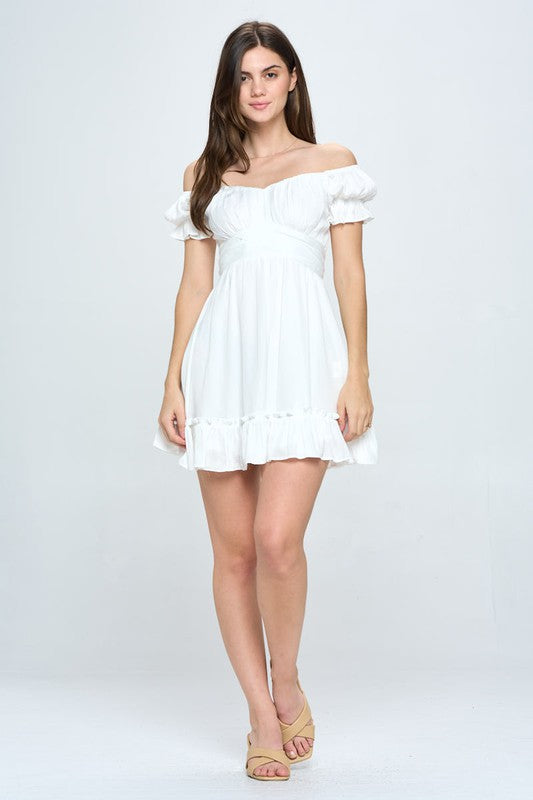 OFF THE SHOULDER RUFFLE MINI DRESS