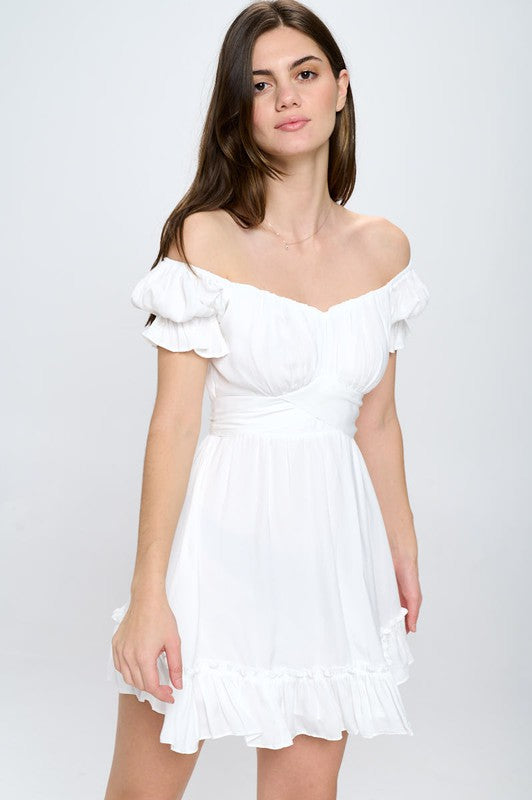 OFF THE SHOULDER RUFFLE MINI DRESS