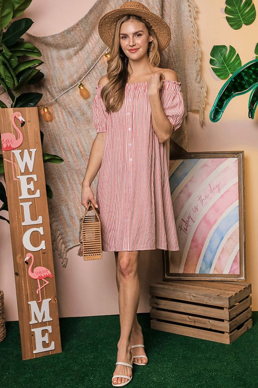 OFF THE SHOULDER DRESS WITH BUTTON DETAIL