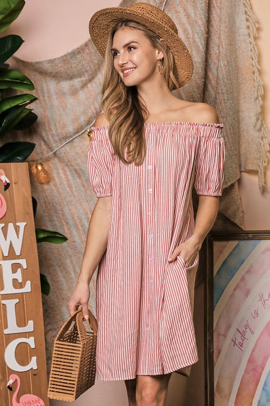 OFF THE SHOULDER DRESS WITH BUTTON DETAIL