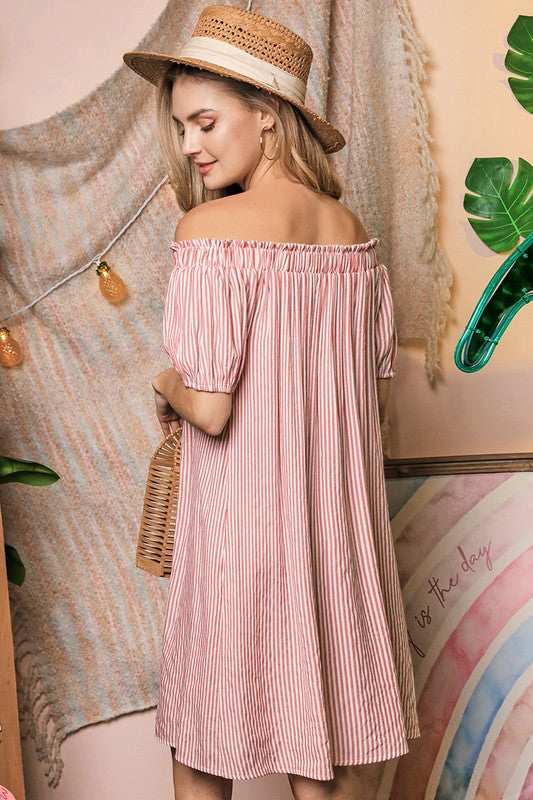 OFF THE SHOULDER DRESS WITH BUTTON DETAIL