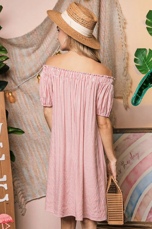 OFF THE SHOULDER DRESS WITH BUTTON DETAIL