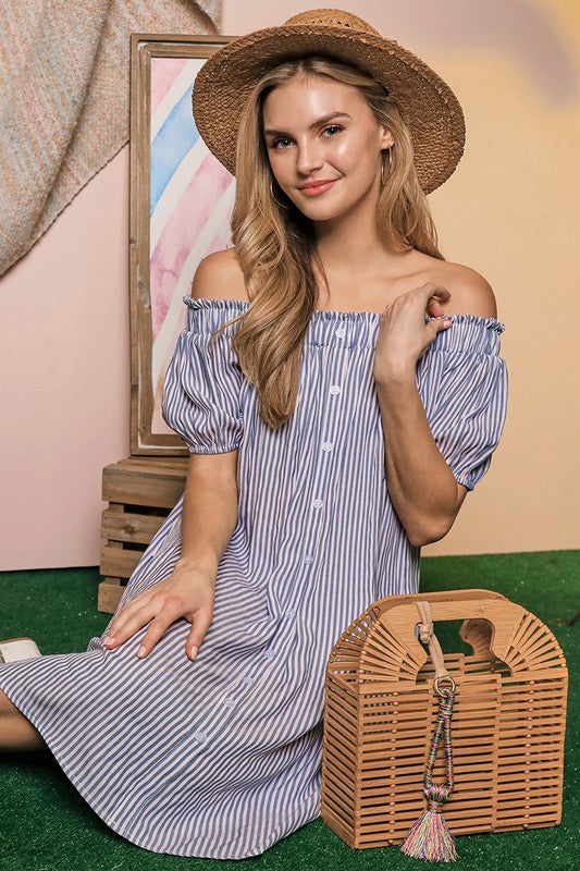 OFF THE SHOULDER DRESS WITH BUTTON DETAIL