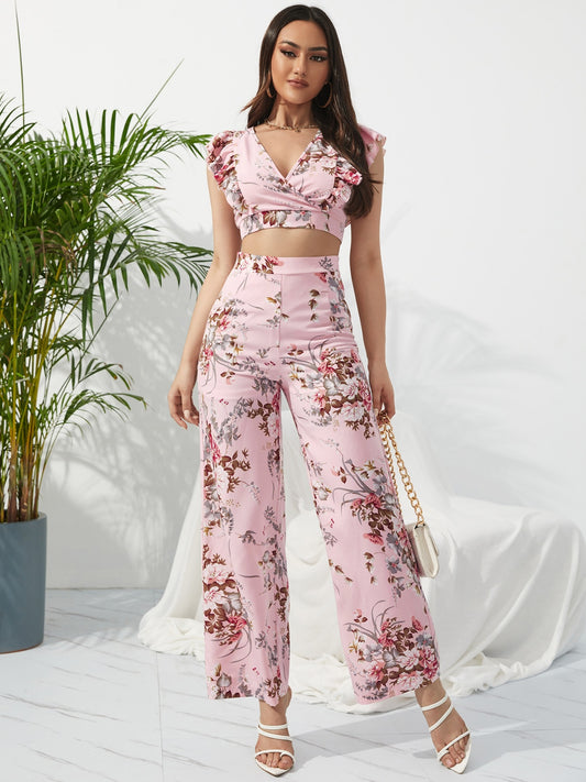 PRINTED SURPLICE CAP SLEEVE TOP AND PANTS SET