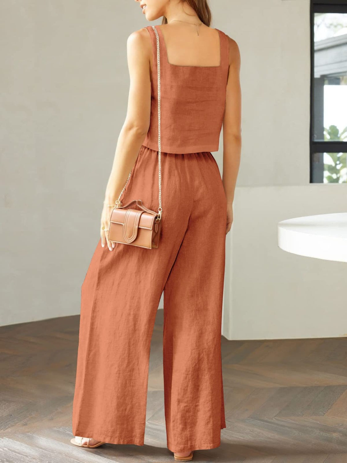 SQUARE NECK TOP AND WIDE LEG PANTS SET