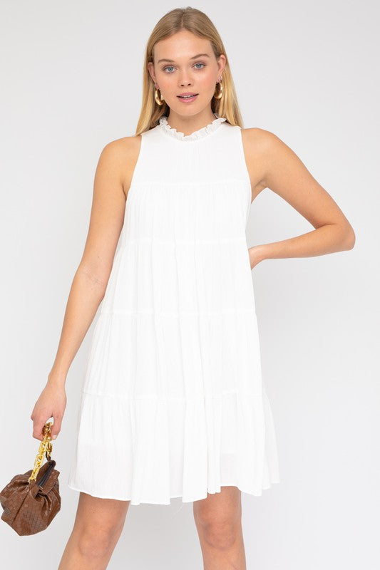 SLEEVELESS RUFFLE NECK TIERED MINI DRESS