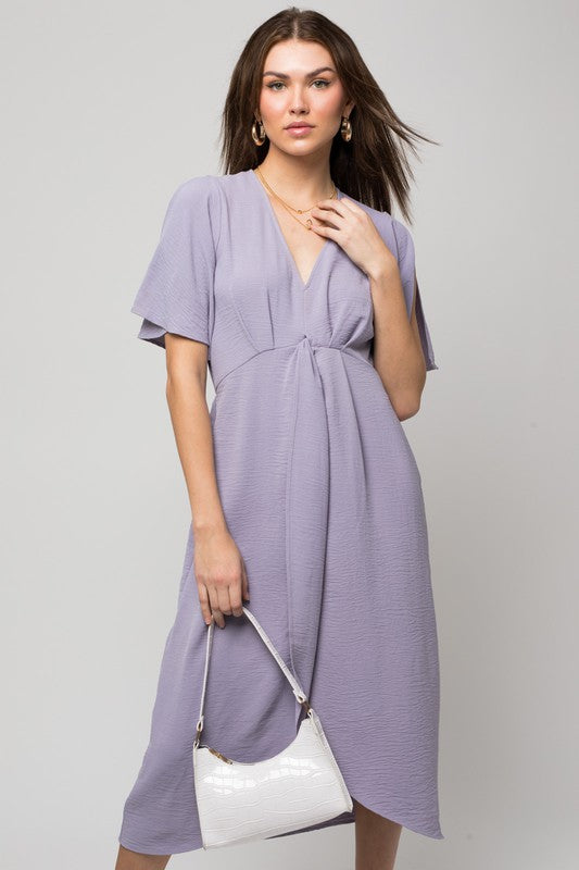 V-NECK MIDI DRESS WITH FRONT KNOT