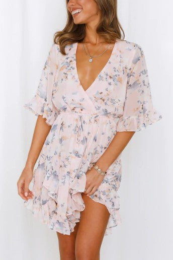 FLORAL PRINT RUFFLE MINI DRESS