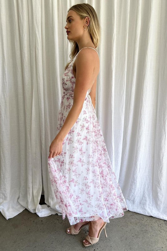 FLORAL PRINT PLUNGING NECK TULLE MAXI DRESS