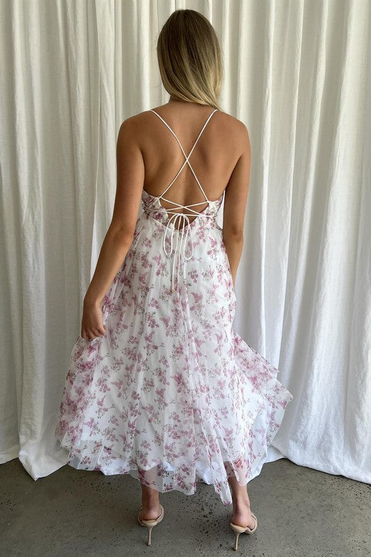 FLORAL PRINT PLUNGING NECK TULLE MAXI DRESS