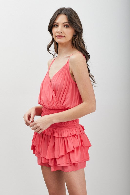 SURPLICE TOP SMOCKED WAIST RUFFLE DRESS