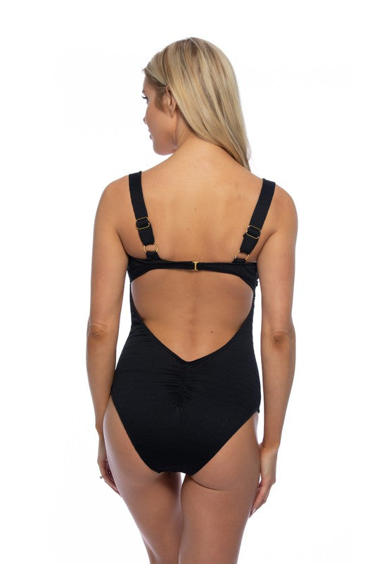 TEXTURED SOLID ONE PIECE SWIMSUIT WITH KNOT FRONT