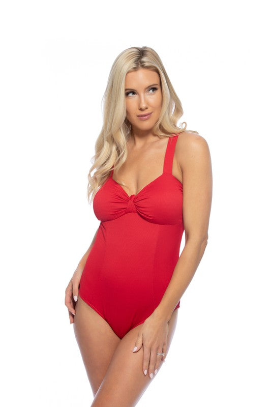 TEXTURED SOLID ONE PIECE SWIMSUIT WITH KNOT FRONT