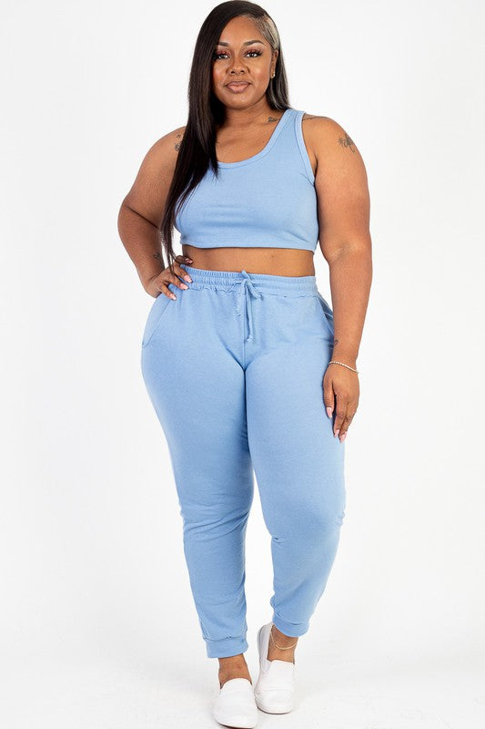 PLUS SIZE FRENCH TERRY CROPPED TANK TOP & JOGGERS SET