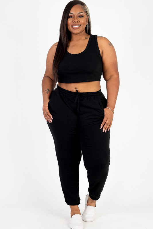 PLUS SIZE FRENCH TERRY CROPPED TANK TOP & JOGGERS SET