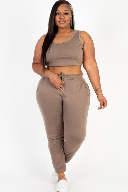 PLUS SIZE FRENCH TERRY CROPPED TANK TOP & JOGGERS SET