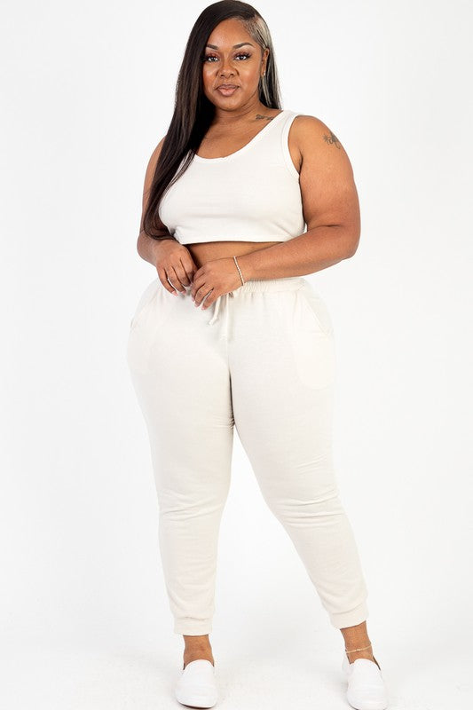 PLUS SIZE FRENCH TERRY CROPPED TANK TOP & JOGGERS SET