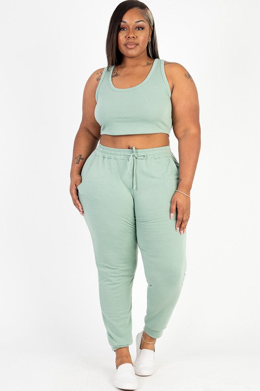 PLUS SIZE FRENCH TERRY CROPPED TANK TOP & JOGGERS SET