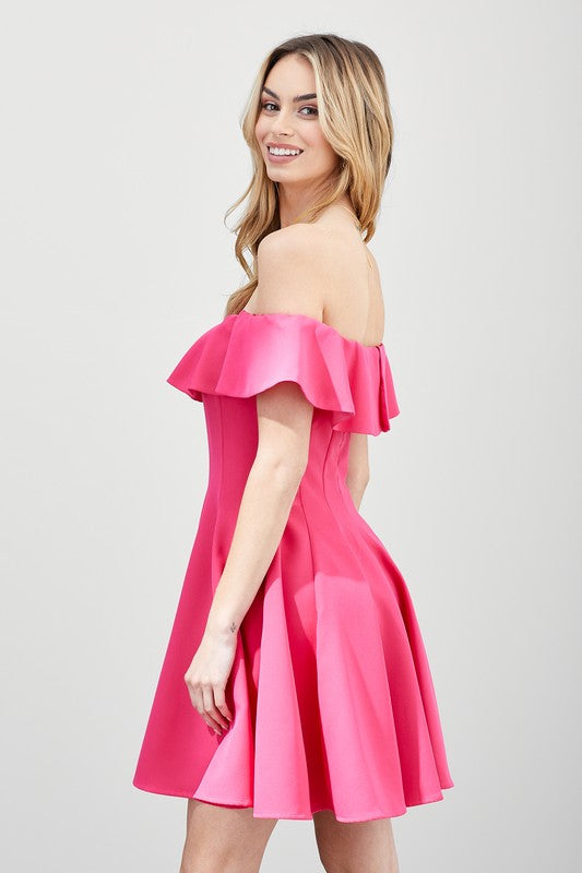 OFF THE SHOULDER FIT AND FLARE RUFFLE DRESS