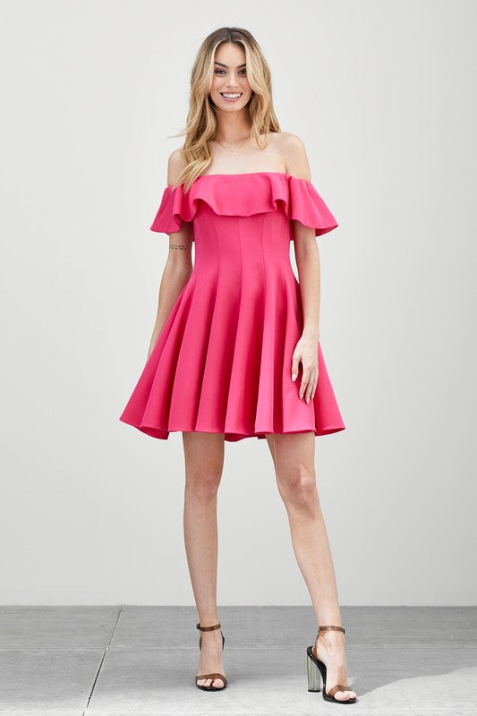 OFF THE SHOULDER FIT AND FLARE RUFFLE DRESS