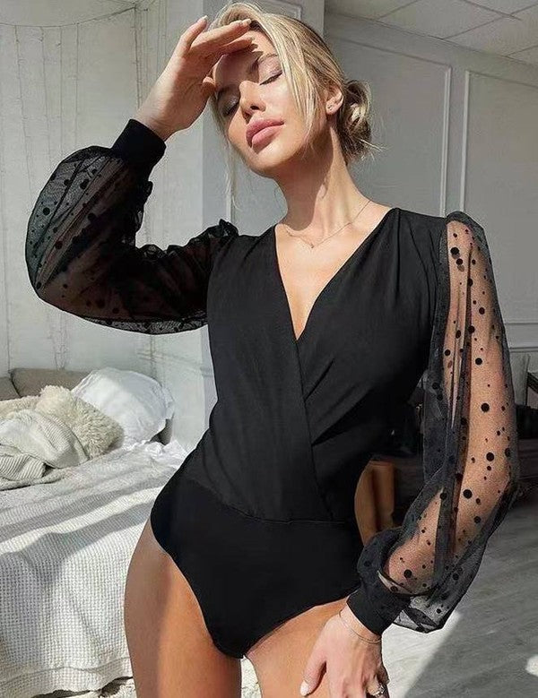 POLKA DOT MESH LONG SLEEVE V NECK BODYSUIT