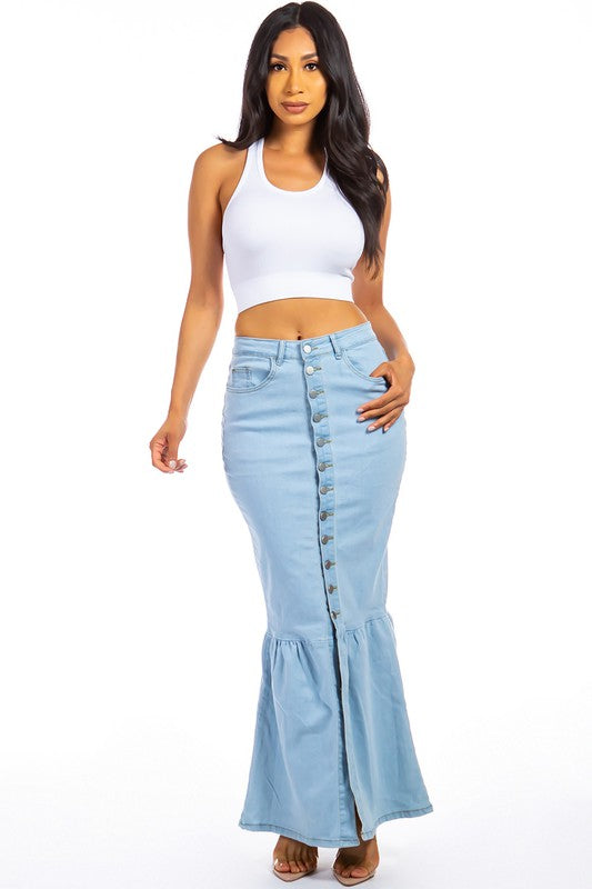 BUTTON FRONT DENIM MAXI SKIRT