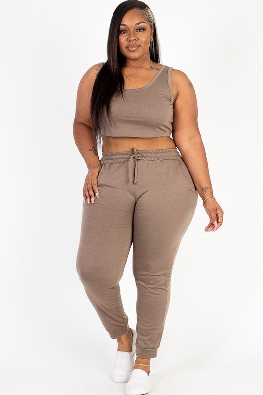 PLUS SIZE FRENCH TERRY CROPPED TANK TOP & JOGGERS SET