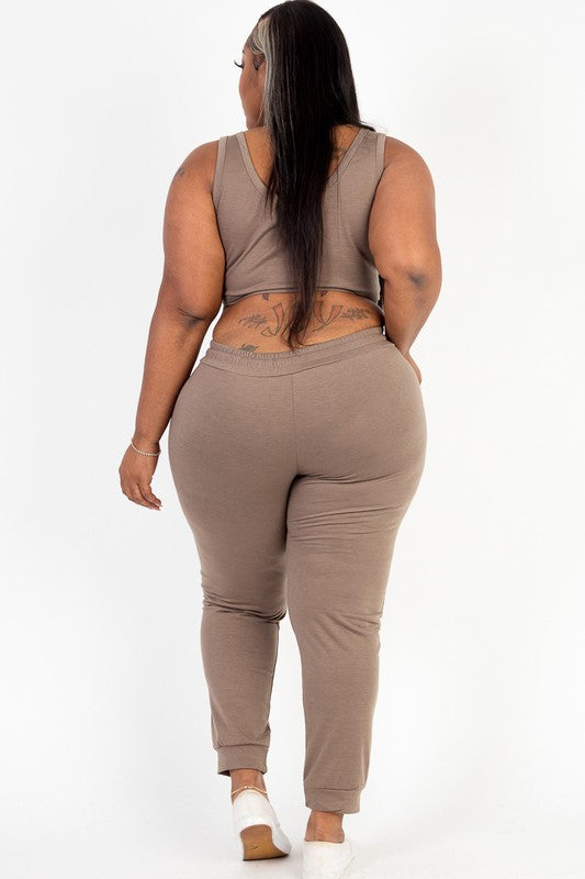 PLUS SIZE FRENCH TERRY CROPPED TANK TOP & JOGGERS SET