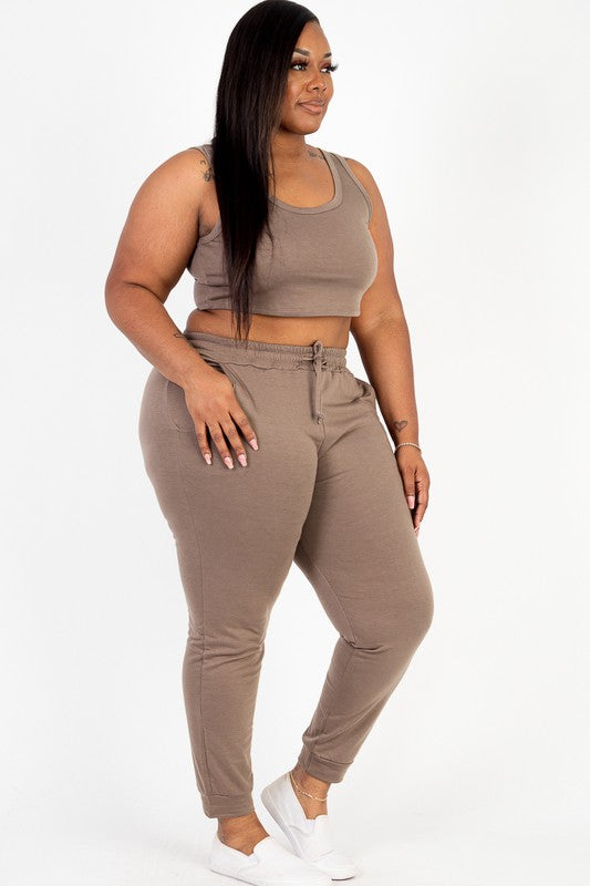 PLUS SIZE FRENCH TERRY CROPPED TANK TOP & JOGGERS SET