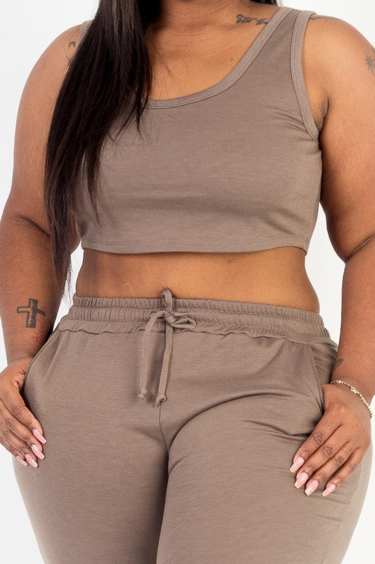 PLUS SIZE FRENCH TERRY CROPPED TANK TOP & JOGGERS SET