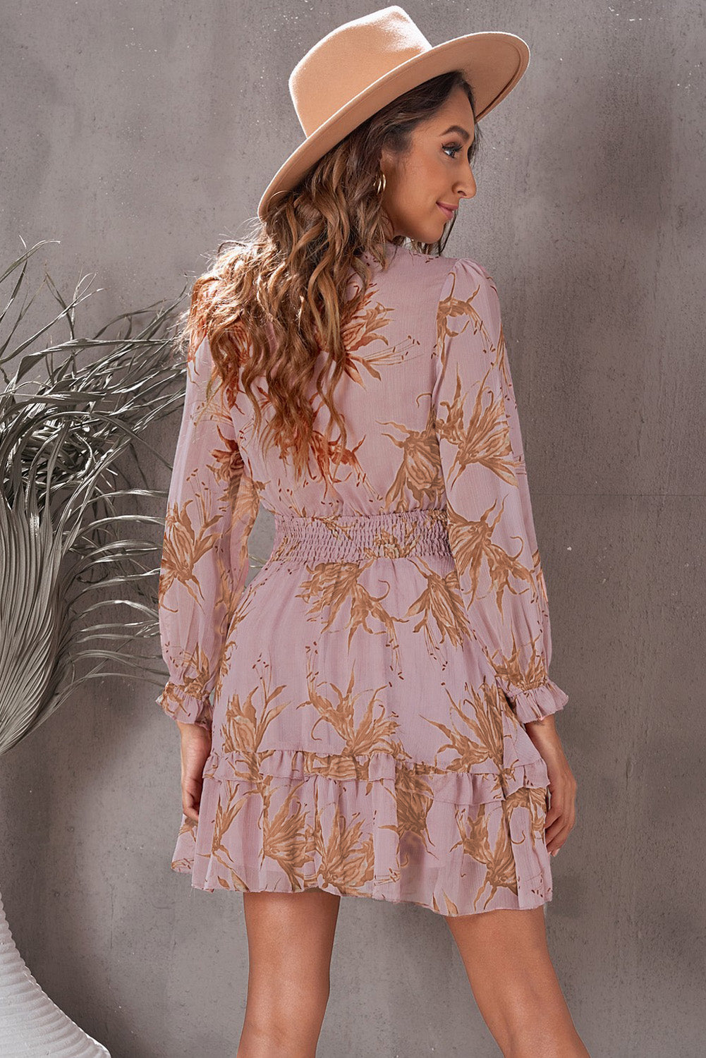 FLORAL DEEP V FLOUNCE SLEEVE MINI DRESS