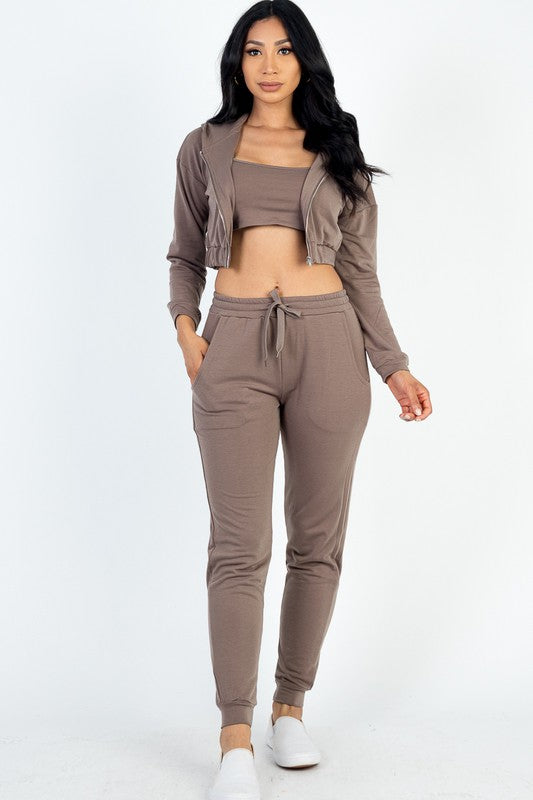 CROPPED CAMI WITH ZIP-UP JACKET AND JOGGERS SET