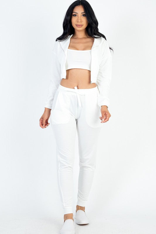 CROPPED CAMI WITH ZIP-UP JACKET AND JOGGERS SET