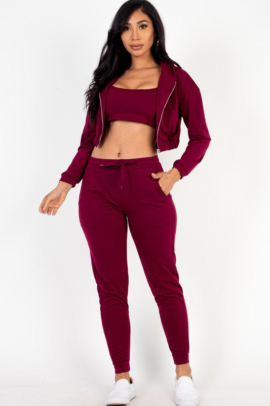 CROPPED CAMI WITH ZIP-UP JACKET AND JOGGERS SET