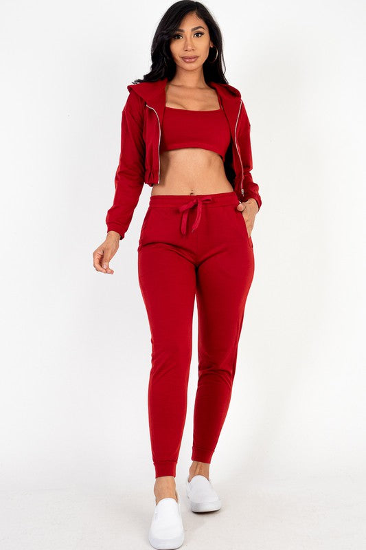 CROPPED CAMI WITH ZIP-UP JACKET AND JOGGERS SET