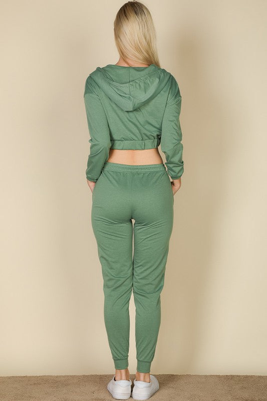 CROPPED CAMI WITH ZIP-UP JACKET AND JOGGERS SET