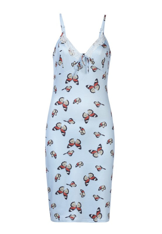 BUTTERFLY PRINT SPAGHETTI SLIP DRESS