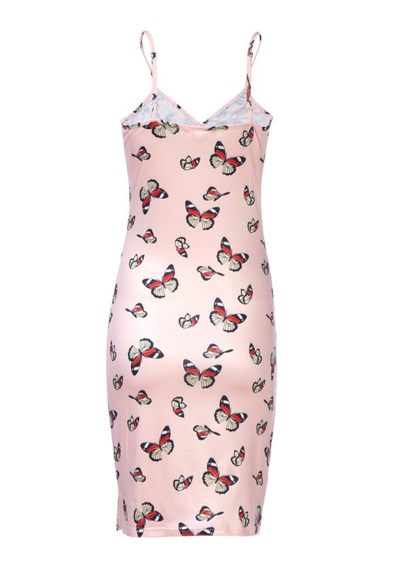 BUTTERFLY PRINT SPAGHETTI SLIP DRESS