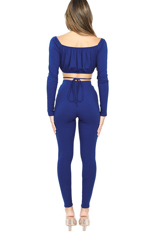 RIB RUCHED BUST LONG SLEEVE STRAPPY CROPPED TOP WITH LEGGINGS SET.