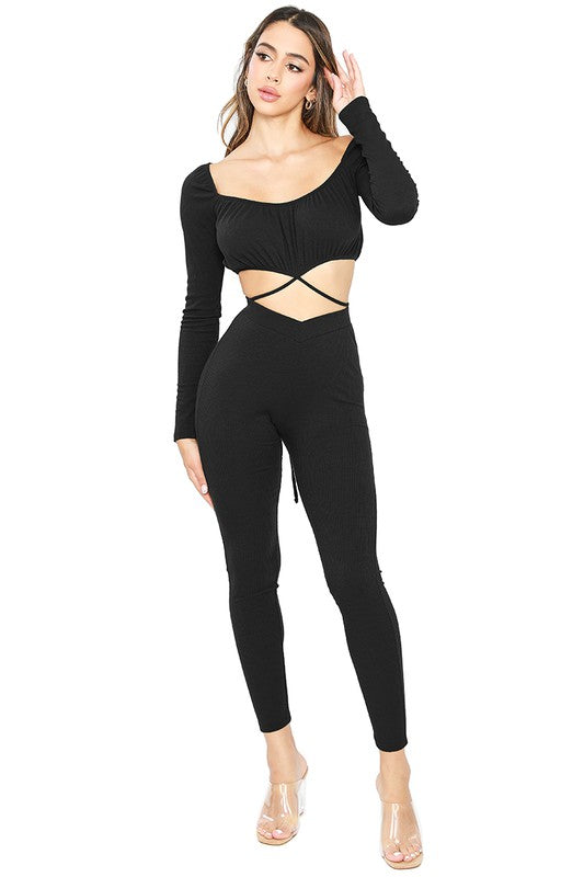 RIB RUCHED BUST LONG SLEEVE STRAPPY CROPPED TOP WITH LEGGINGS SET.