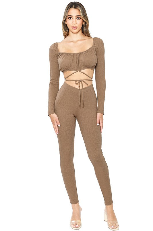 RIB RUCHED BUST LONG SLEEVE STRAPPY CROPPED TOP WITH LEGGINGS SET.