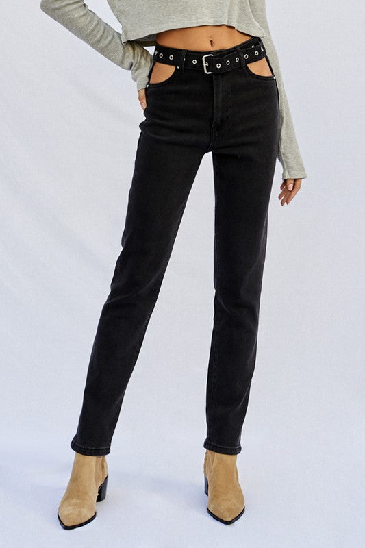 HIGH WAISTED CUT OUT STRAIGHT JEANS