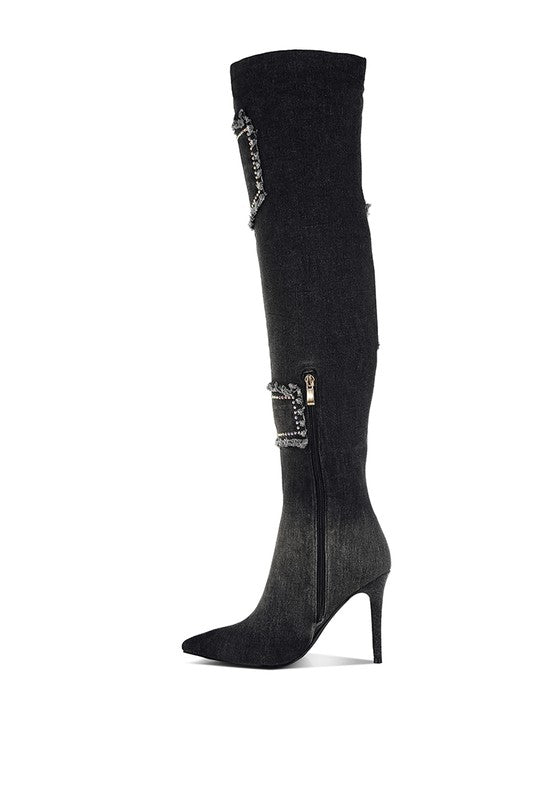 EILISH RHINESTONES KNEE HIGH DENIM BOOTS