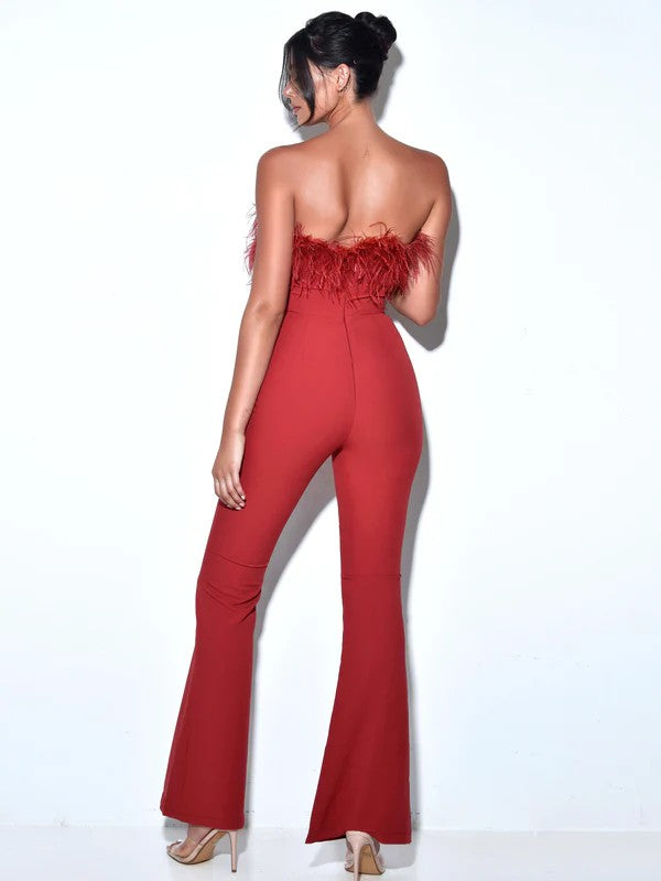 MISS CIRCLE STRAPLESS FEATHER BELL BOTTOM JUMPSUIT
