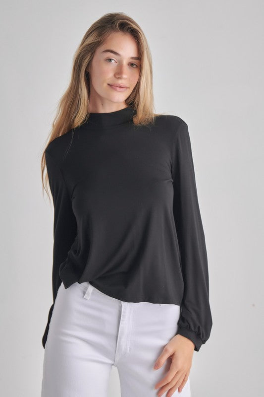 LONG SLEEVE OPEN BACK DROP MOCK NECK TOP