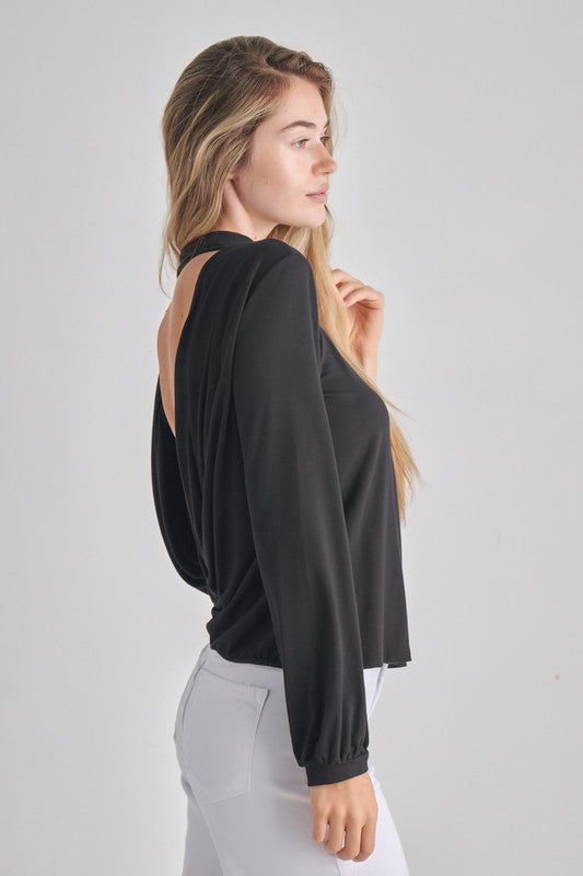 LONG SLEEVE OPEN BACK DROP MOCK NECK TOP