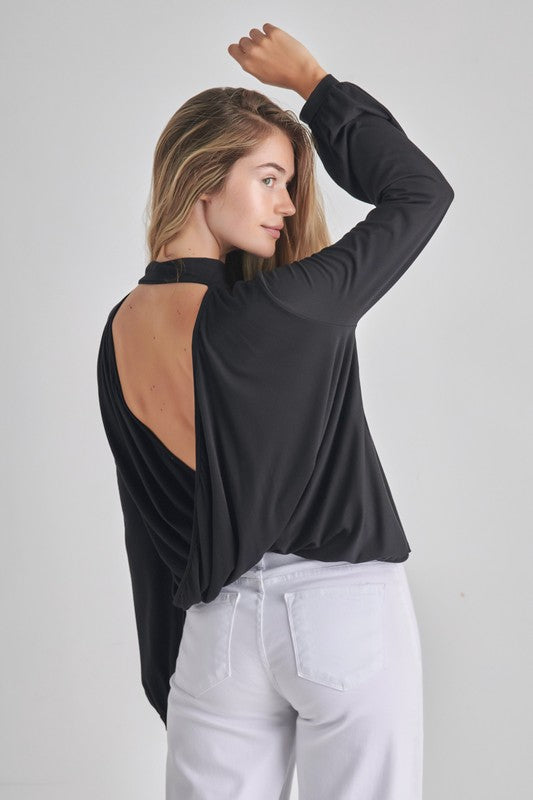 LONG SLEEVE OPEN BACK DROP MOCK NECK TOP