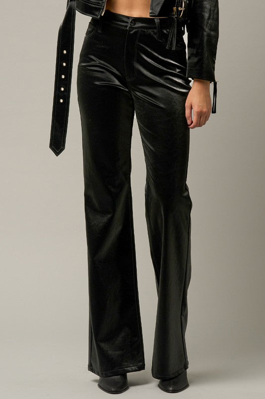 HIGH RISE FLARE FAUX LEATHER PANTS